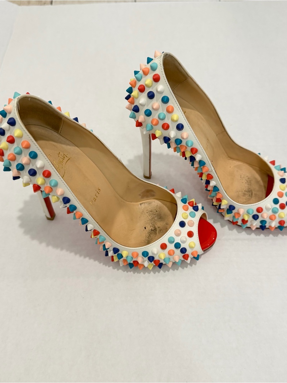 Christian Louboutin White Pigelle Spiked Peep Toe studded heels - Picture 7 of 8